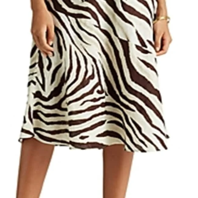 Ralph Lauren Women's Tie Waist Linen Animal Print Below The Knee A-Line Skirt Brown Size 8