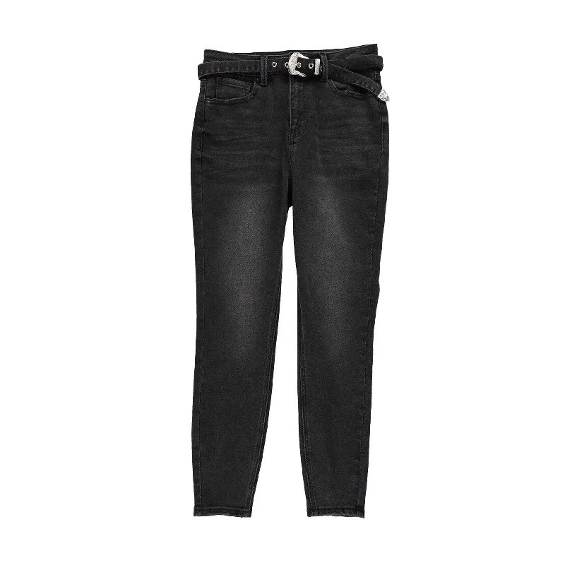 Vanilla Star Womens Belted Skinny Fit Jeans, Black, 27