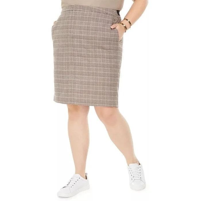 Bar III Women's Trendy Plus Plaid Pencil Skirt Beige Size 18W