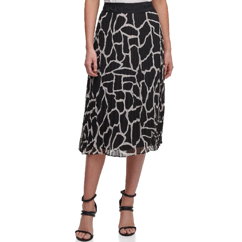 DKNY Women's Giraffe Print Pleated Ribbed Knit Pull-On Skirt Black L - Large