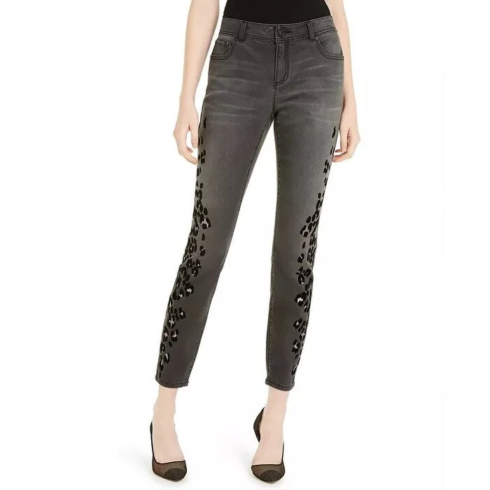 INC International Concepts Women's Flocked Leopard-Print Skinny Jeans Black Size 8