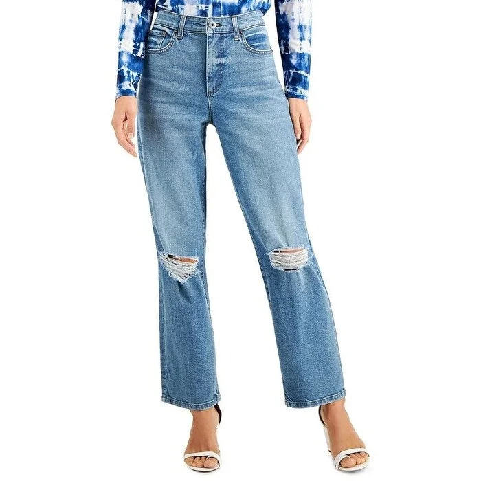 INC International Concepts Women's Ripped Straight-Leg Jeans Blue Size 4