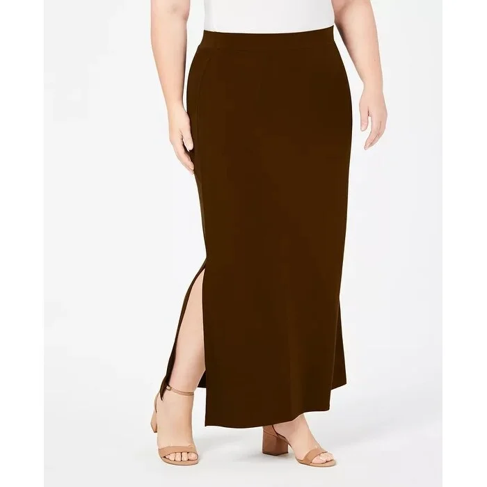 JM Women's Collection Plus Size Side-Slit Maxi Skirt Brown Size 2X